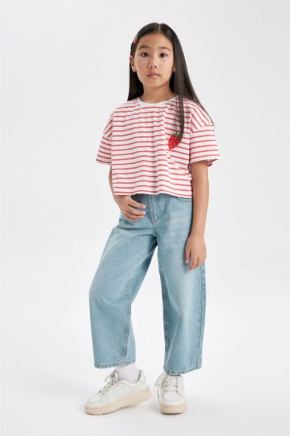 Girl Crew Neck Striped Short Sleeve T-Shirt