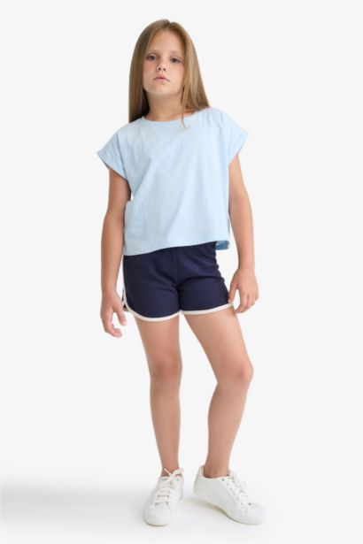 Boxy Fit Bisiklet Yaka Basic Düz Kısa Kollu Tişört Kız Çocuk