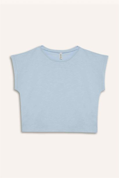 Boxy Fit Bisiklet Yaka Basic Düz Kısa Kollu Tişört Kız Çocuk