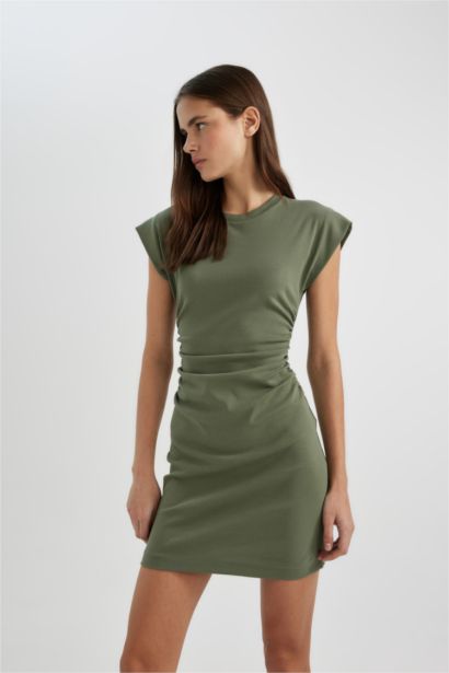 Bodycon Yuvarlak Yaka Penye Yarasa Kollu Mini Elbise