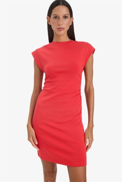 Bodycon Vücudu Saran Bisiklet Yaka Ribana Kolsuz Mini Yazlık Elbise