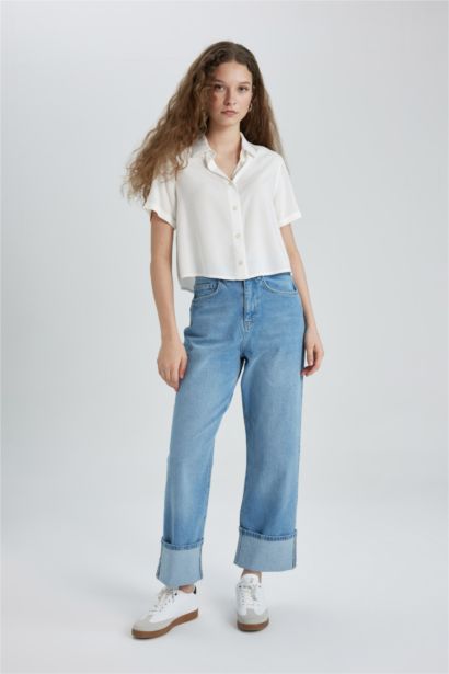 Pantalon Jean Coupe Relax à Revers Taille Haute et longeur cheville