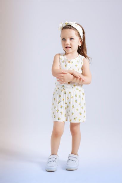 Combi-short sans manches fleurie avec bandeau pour Bébé Fille