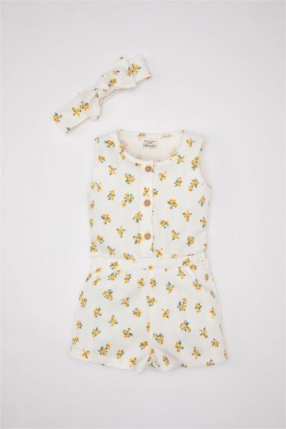 Combi-short sans manches fleurie avec bandeau pour Bébé Fille