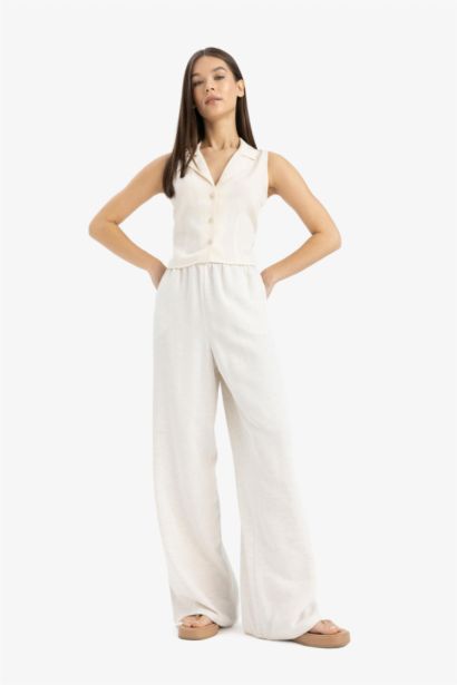 Linen Blend Normal Waist Basic Wide Leg Trousers