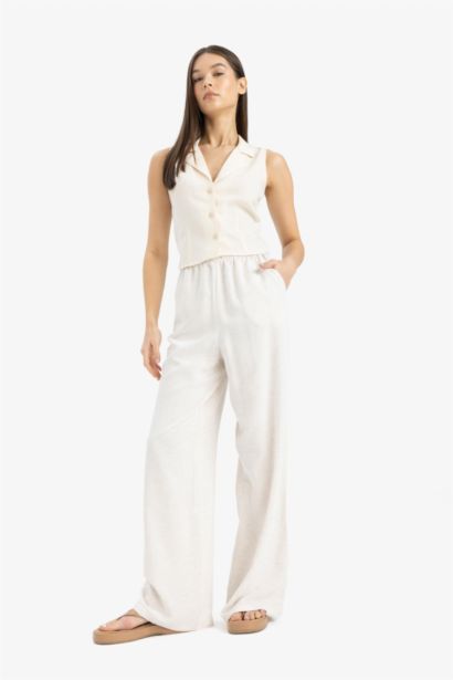 Linen Blend Normal Waist Basic Wide Leg Trousers