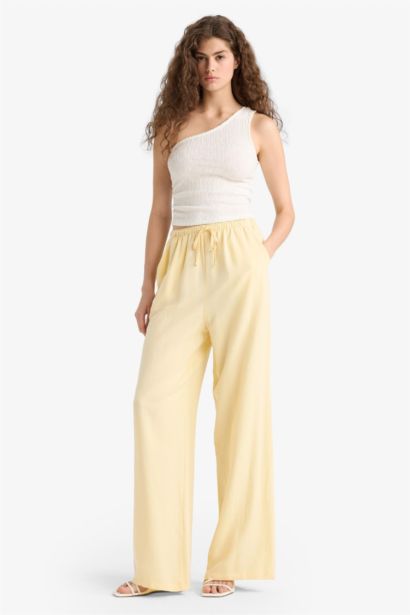 Keten Karışımlı Palazzo Pantolon Wide Leg Geniş Bol Paça Üç Cepli Normal Bel Basic Düz Standart Boy