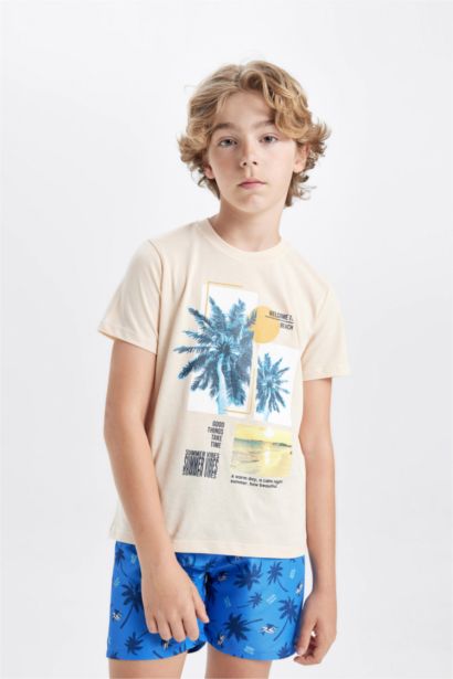 Boy Palm Tree Patterned T-Shirt and Swim Shorts 2 Piece Set