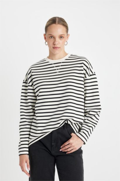 Oversize Fit Crew Neck Striped Thick Fabric Basic T-Shirt