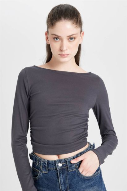 Fitted Boat Neck Basic Long Sleeve T-Shirt