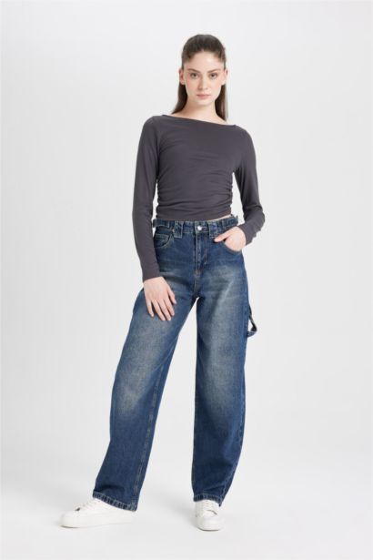 Fitted Boat Neck Basic Long Sleeve T-Shirt