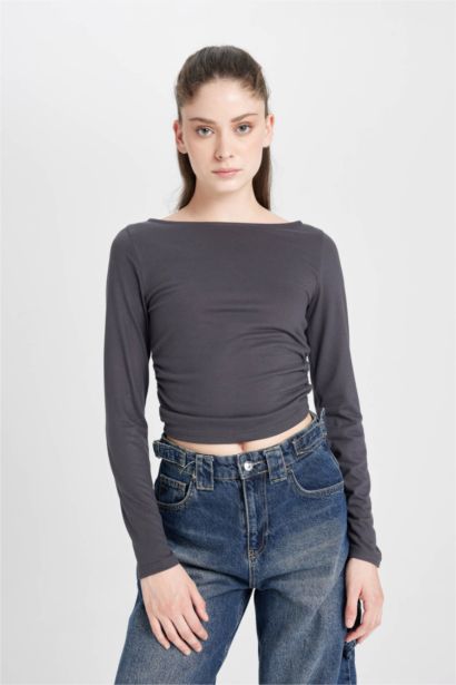 Fitted Boat Neck Basic Long Sleeve T-Shirt