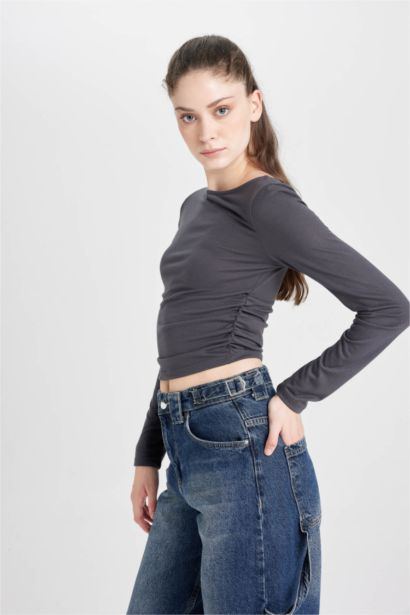 Fitted Boat Neck Basic Long Sleeve T-Shirt