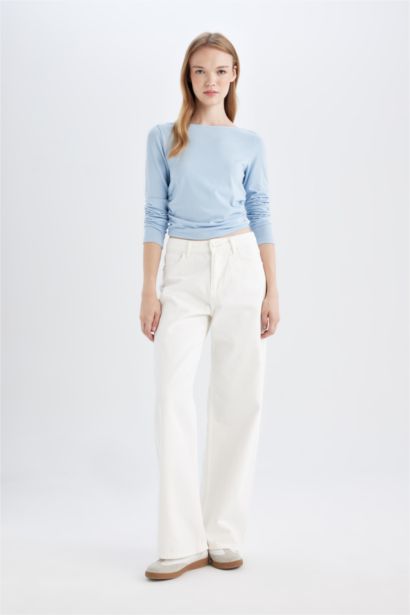 تيشيرت بيزك سادة برقبة مستديرة كم طويل