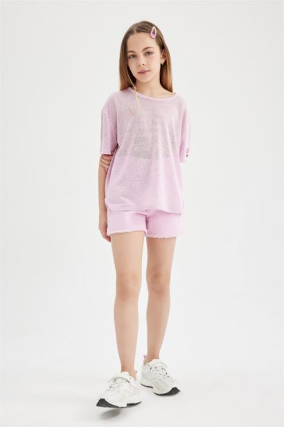 Oversize Geniş Kalıp Bisiklet Yaka Baskılı Kısa Kollu Tişört Kız Çocuk