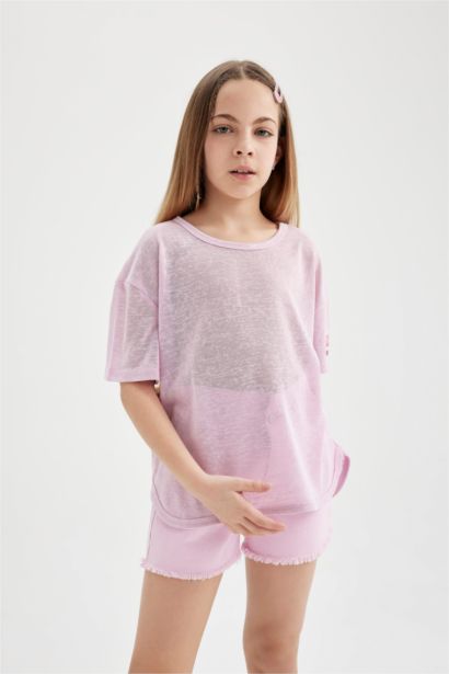 Oversize Geniş Kalıp Bisiklet Yaka Baskılı Kısa Kollu Tişört Kız Çocuk