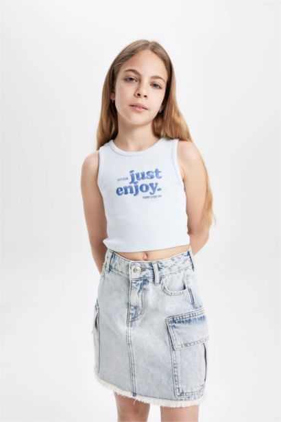 Girl Crew Neck Slogan Patterned Crop Top