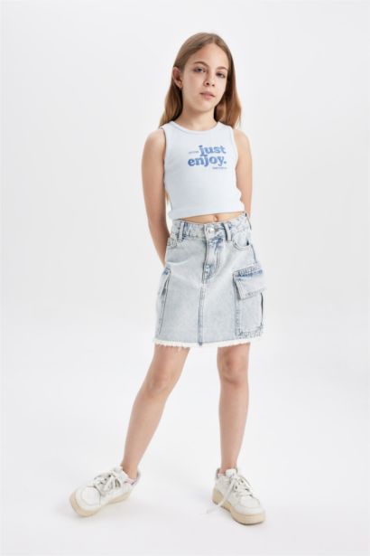 Girl Crew Neck Slogan Patterned Crop Top