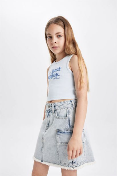 Girl Crew Neck Slogan Patterned Crop Top