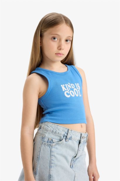 Girl Crew Neck Slogan Patterned Crop Top