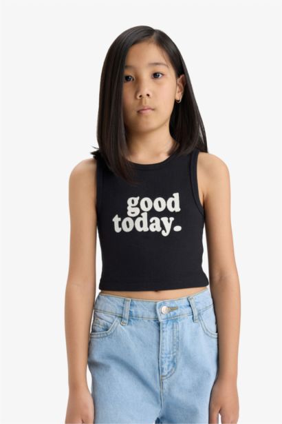 Girl Crew Neck Slogan Patterned Crop Top