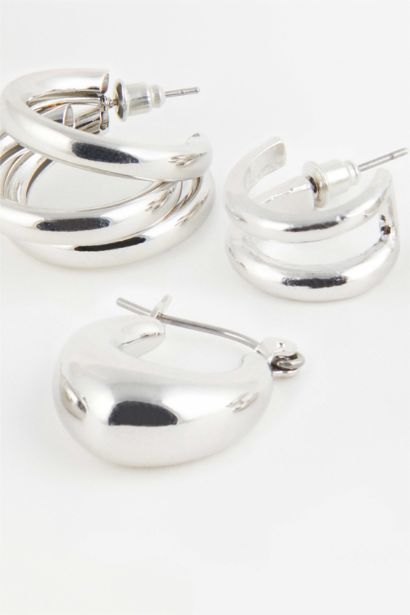 Woman 3 Piece Hoop Silver Earrings