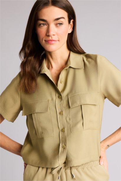 Cropped Fıt Gömlek Yaka Tencel Kısa Kollu Gömlek