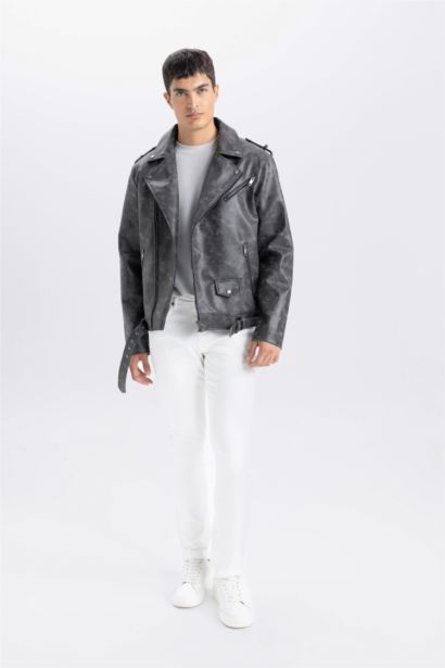 جاكيت جلد صناعي قصة عادية بياخة قميص طارد للماء