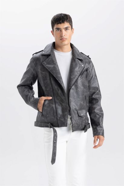 جاكيت جلد صناعي قصة عادية بياخة قميص طارد للماء