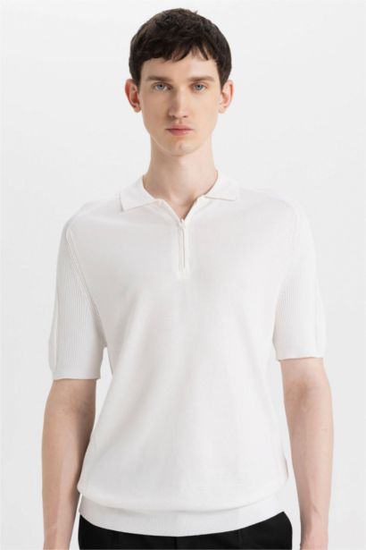 Slim Fit Dar Kesim Polo Yaka Kısa Kollu Basic Düz Fermuarlı Triko Tişört