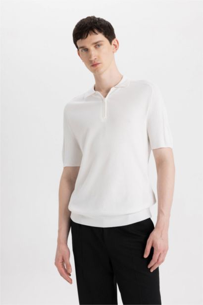 Slim Fit Dar Kesim Polo Yaka Kısa Kollu Basic Düz Fermuarlı Triko Tişört