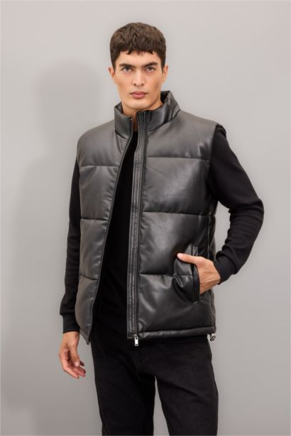 Su Geçirmez Şişme Suni Deri Yelek  Dik Yaka Fermuarlı