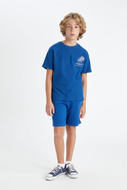 T-Shirt en Tissu Gaufré à Manches Courtes avec Col Rond et Broderie pour Garçon