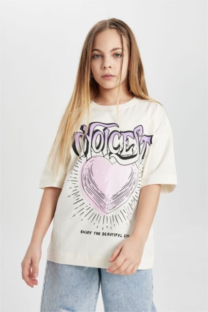 T-shirt oversize imprimé à col rond et manches courtes pour fille