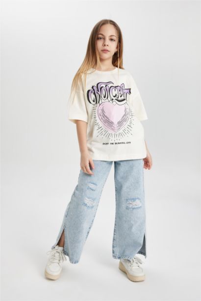 T-shirt oversize imprimé à col rond et manches courtes pour fille
