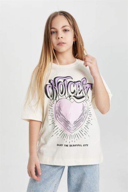 T-shirt oversize imprimé à col rond et manches courtes pour fille