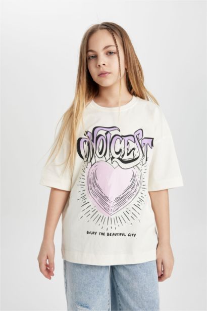 T-shirt oversize imprimé à col rond et manches courtes pour fille