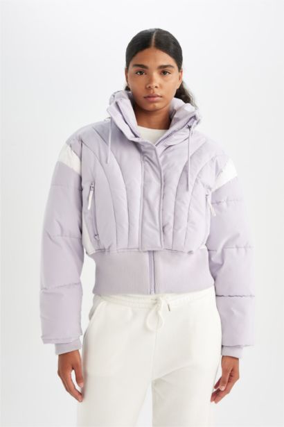 Su İtici Rüzgar Geçirmez Şişme Crop Gizli Kapüşonlu Fermuarlı Cepli Sıcak Tutan Mont