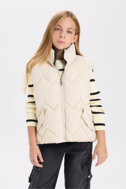 Girl Waterproof Large Collar Zippered Puffer Vest