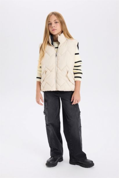 Girl Waterproof Large Collar Zippered Puffer Vest