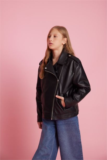 Girl Waterproof Zippered Faux Leather Jacket