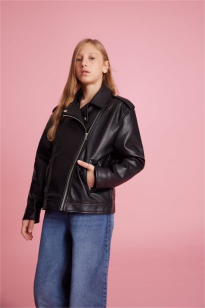 Girl Waterproof Zippered Faux Leather Jacket