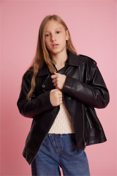 Girl Waterproof Zippered Faux Leather Jacket