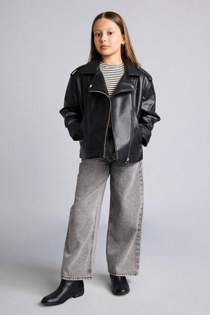 Girl Jacket Collar Faux Leather Jacket
