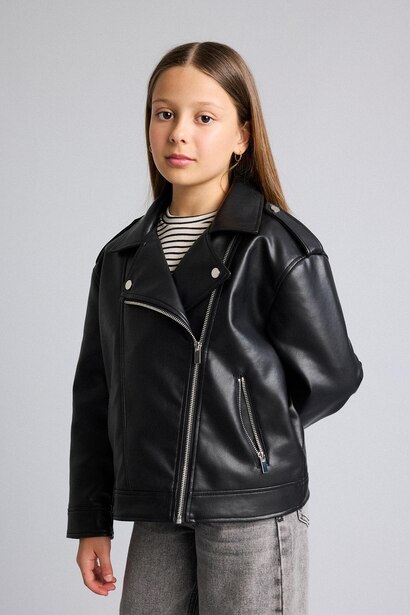 Girl Jacket Collar Faux Leather Jacket