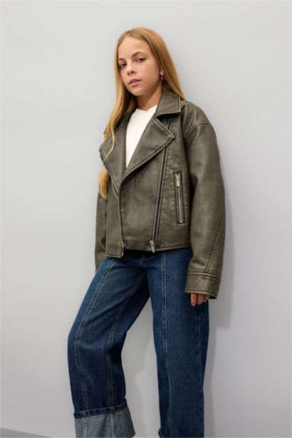 جاكيت بناتي جلد صناعي وتر برووف وياقة جاكيت