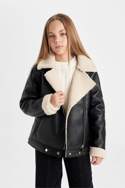 Girl Waterproof Jacket Collar Plush Lining Faux Leather Jacket
