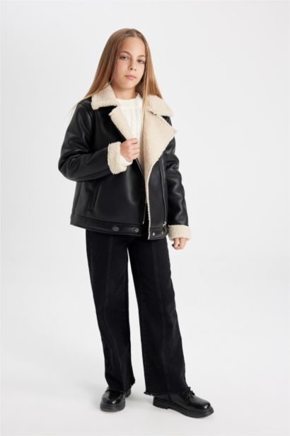 Girl Waterproof Jacket Collar Plush Lining Faux Leather Jacket