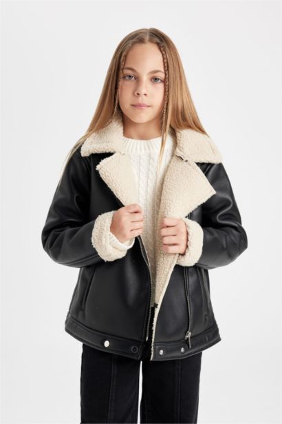 Girl Waterproof Jacket Collar Plush Lining Faux Leather Jacket