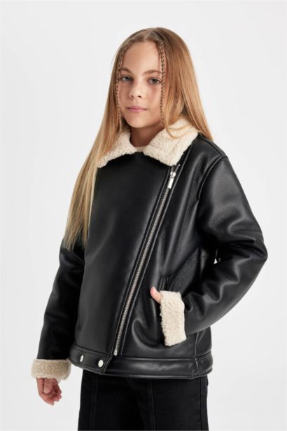 Girl Waterproof Jacket Collar Plush Lining Faux Leather Jacket
